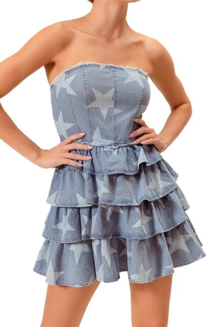 Strapless Vintage Star Denim Tiered Dress