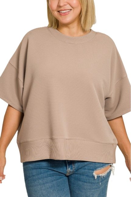 Plus Ribbed Round Neck Waist Banded Tee Shirts