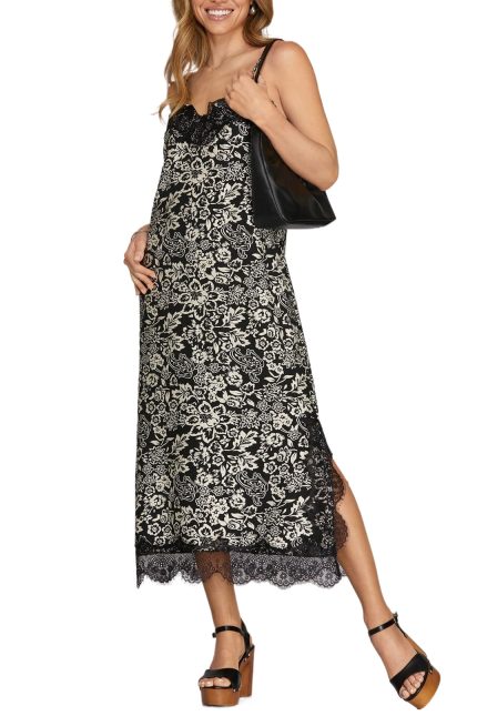 Lace Hem Woven Print Midi Cami Dress