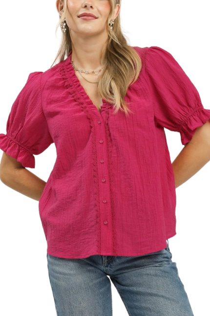 Textured Button-front Puff Sleeve Top