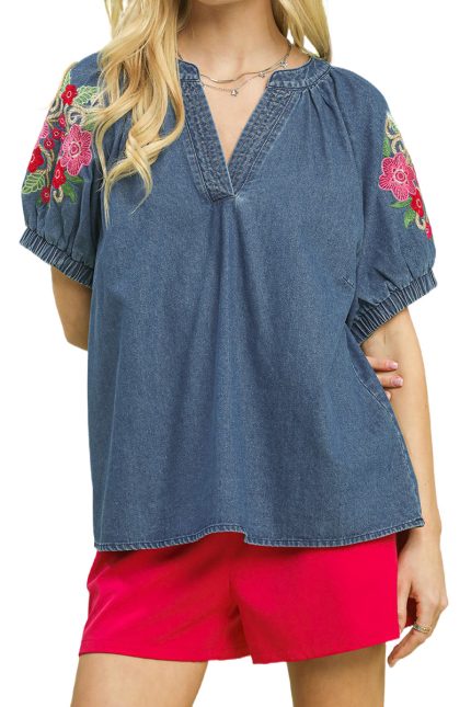 Denim Embroidered Puff Sleeve Boho Top