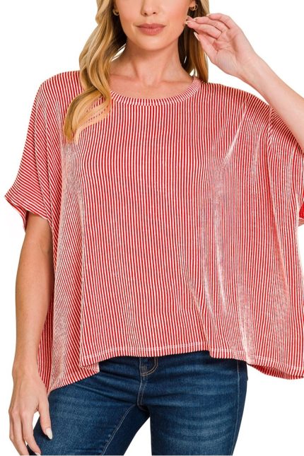 Ribbed Striped Oversized Short Sleeve Top