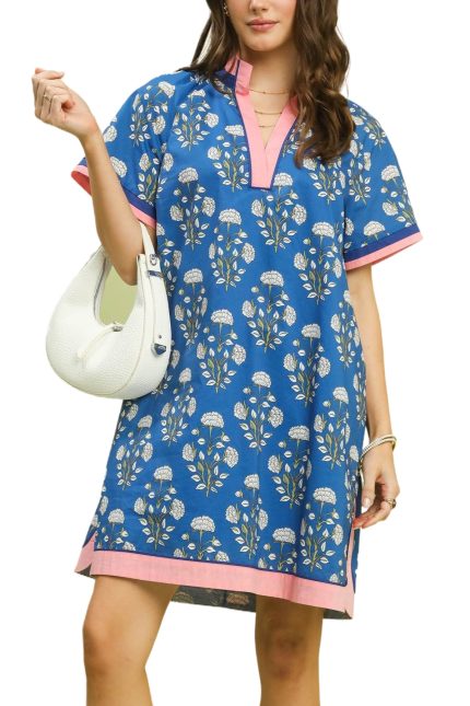 Printed Split Neck Short Sleeve Shift Dress