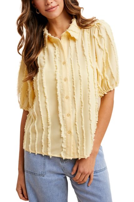 Textured Frayed Stripe Puff Sleeve Shirt