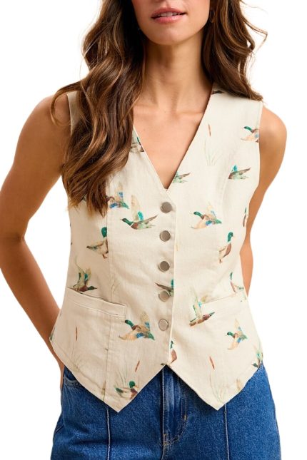Mallard Duck Print Cotton Twill Button-down Vest