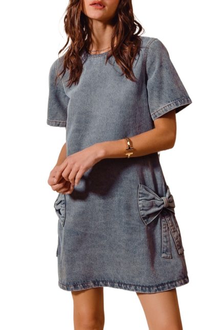 Bow Ribbon Knot Applique Denim Mini Dress