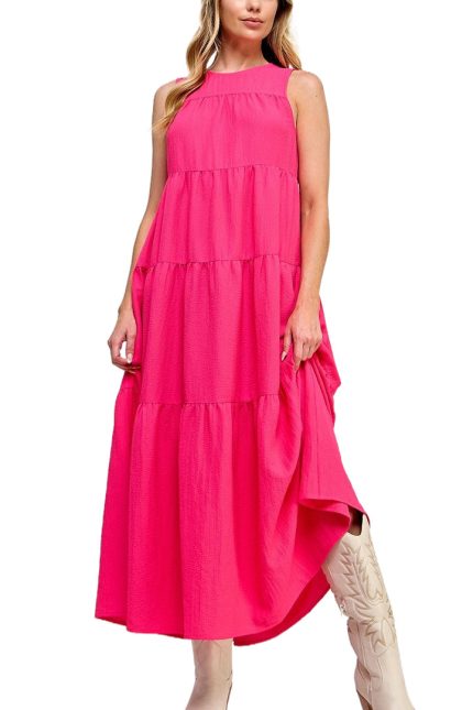 Tiered Sleeveless Solid Color Midi Dress