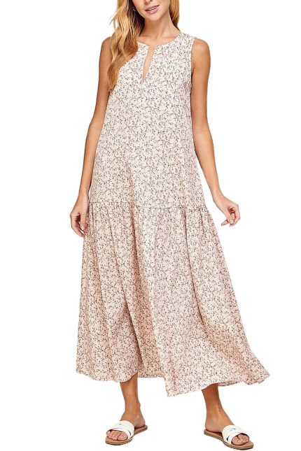 Split Neckline Floral Print Sleeveless Midi Dress