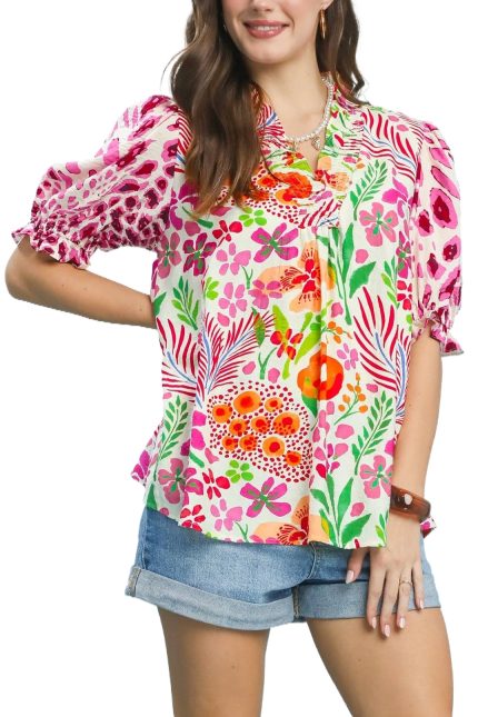 V-neck Ruffle Trim Puff Sleeve Top