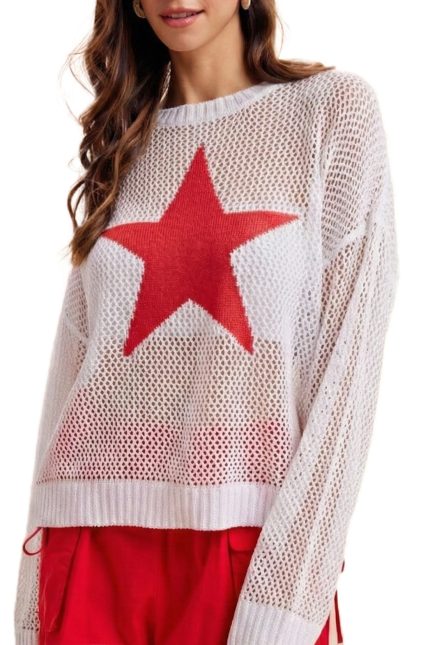 4th Of July Oversized Star Open Stitch Knitted Top