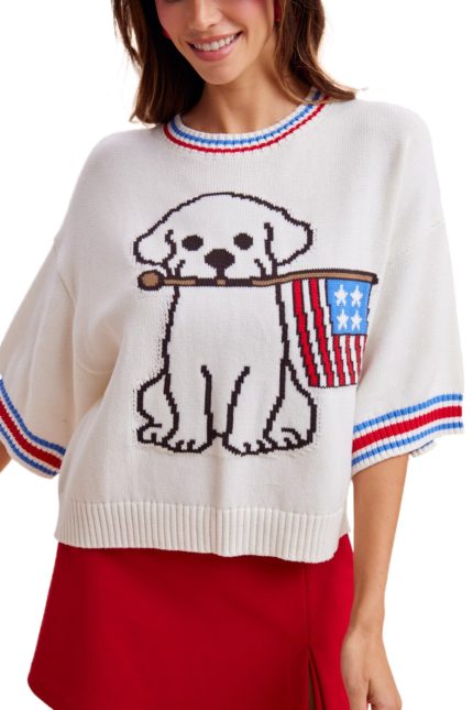 4th July American Flag Waving Dog Graphic Sweater