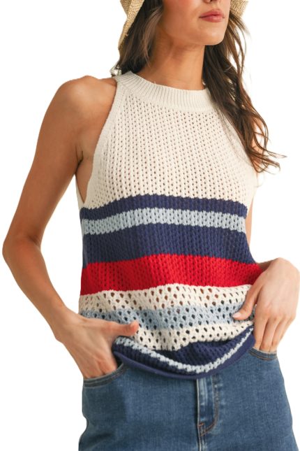 4th Of July Multi Stripe Halter Neck Sweater Top