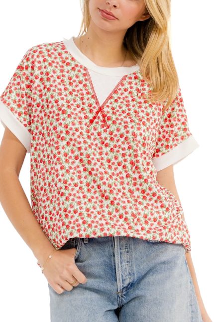 Floral Print Rolled Short Sleeve Knit Top