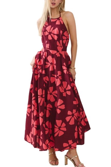 Floral Print Sleeveless Halter Maxi Dress