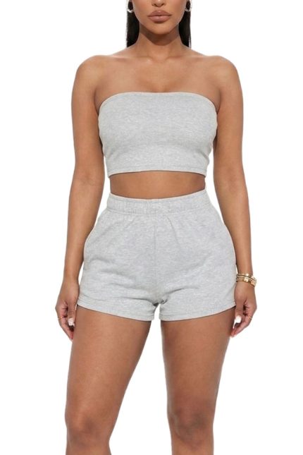 Solid Color Tube Top And Shorts Two Piece Set