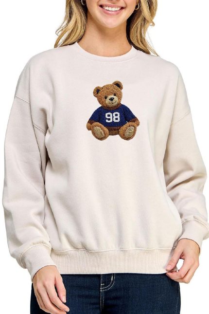 Fleece Relaxed Fit Sweatshirt With Bear Chenille Patch