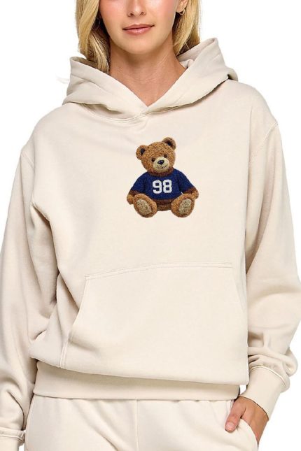 Fleece Relaxed Fit Pullover Hoodie With Bear Chenille Patch