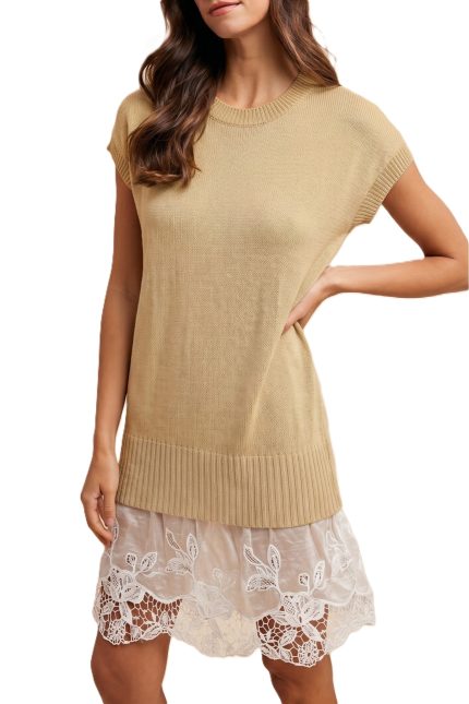 Eyelet Woven Hem Sleeveless Fine Sweater Dress