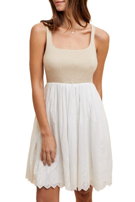 Mix Media Eyelet Skirt Rib Strap Mini Dress