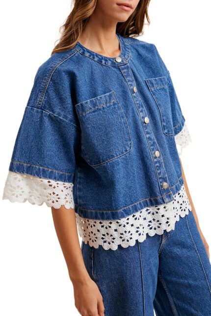 Crochet Lace Trimmed Sleeve Denim Jacket