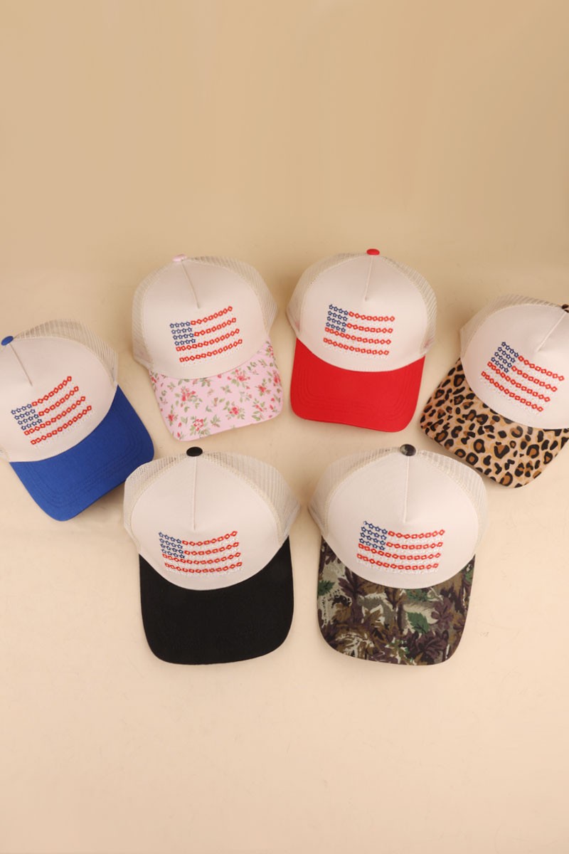 Star Floral American Flag Two Tone Mesh Snapback Hat