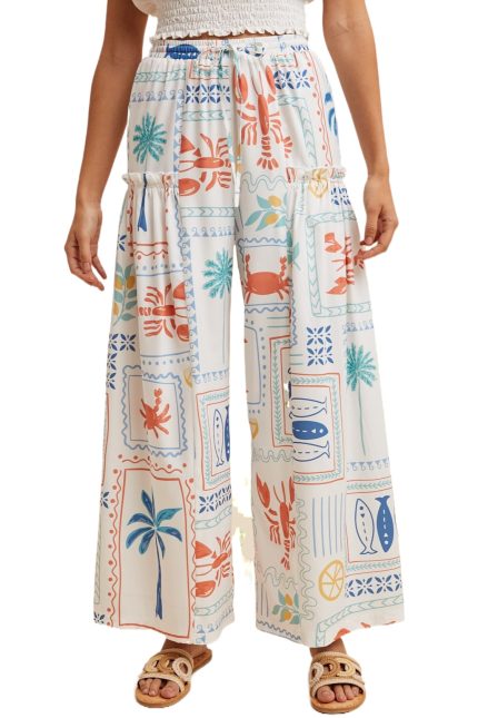 Coastal Motif Printed Wide Leg Palazzo Pants