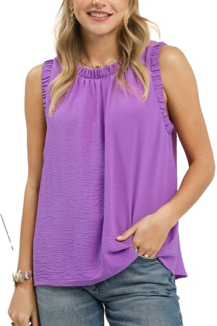 Solid Ruffle Neck Sleeveless Top