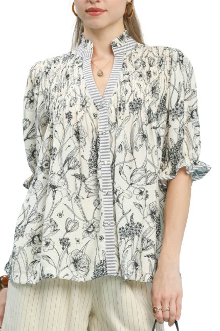 Mixed Print Button Front Top