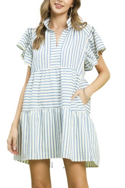 Striped Flutter Sleeve Babydoll Dress