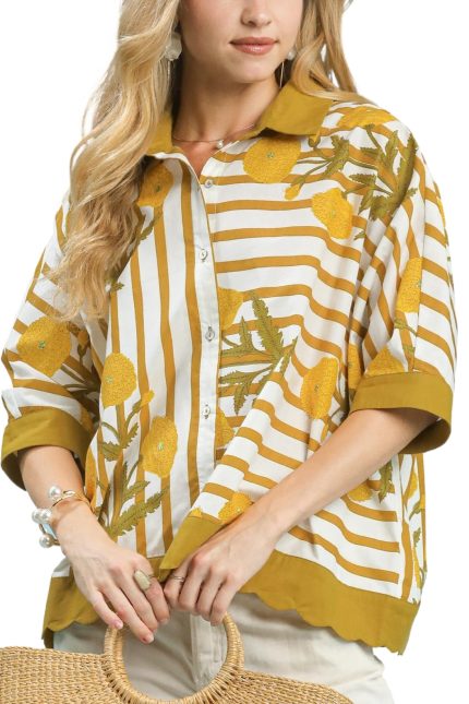 Mix Floral Stripe Button Down Top