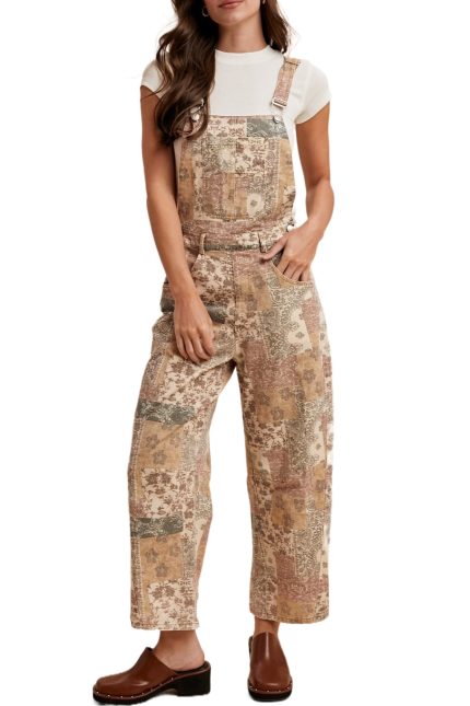 Washed Vintage Boho Print Twill Denim Overall