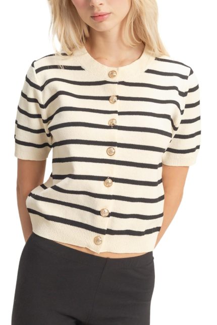 Striped Short Sleeve Button Up Cardigan
