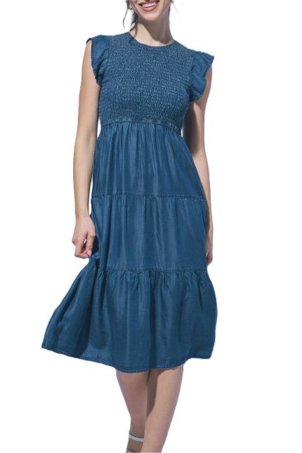Smocked Ruffle Sleeve Tiered Midi Dress