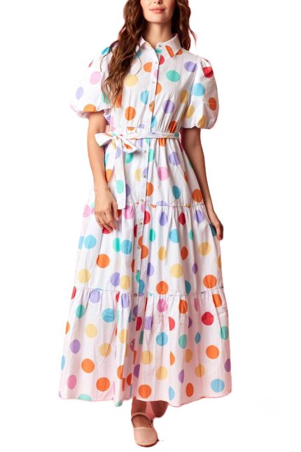 Dot Printed Cotton Poplin Puff Sleeve Maxi Dress