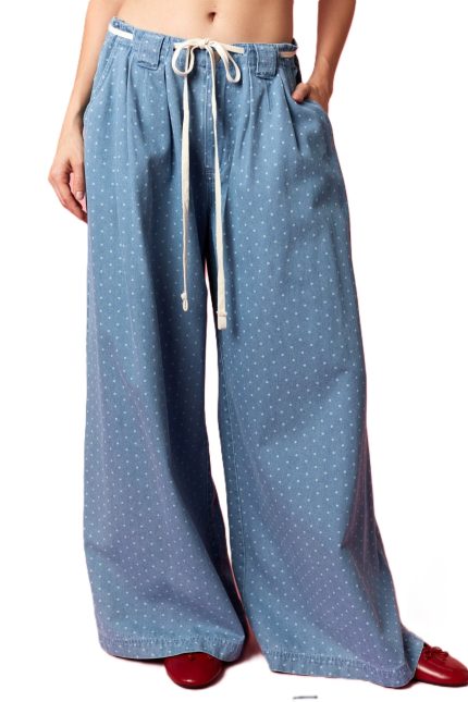 Polka Dot Drawstring Wide Leg Denim