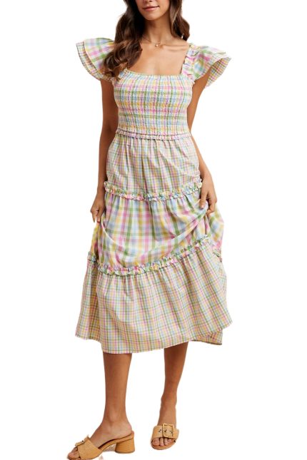 Gingham Check Flutter Sleeve Tiered Midi Dress