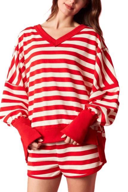 Stripe French Terry V-neck Hi-low Sweatshirt