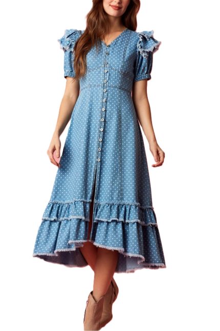 Polka Dot Button Front Dress With Frayed Sleeve