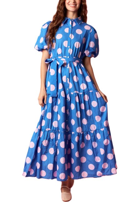 Cotton Poplin Printed Puff Sleeve Maxi Dress