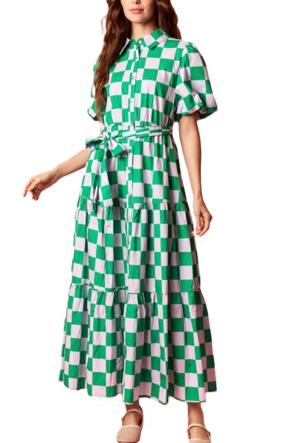 Checker Printed Cotton Poplin Puff Sleeve Maxi Dress