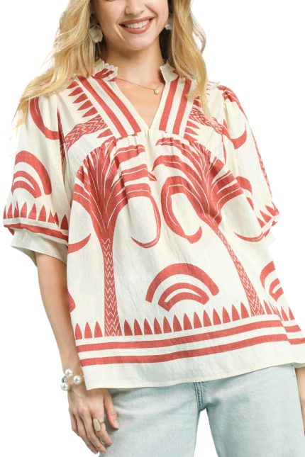 Folk Art Palm Print V-neck Top