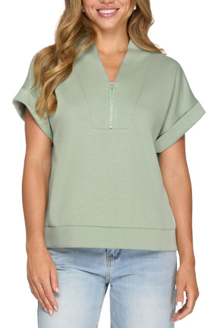 Drop Shoulder High Neck Half Zip Top