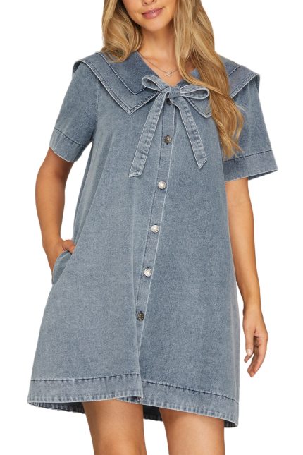 Button Down Washed Denim Mini Dress