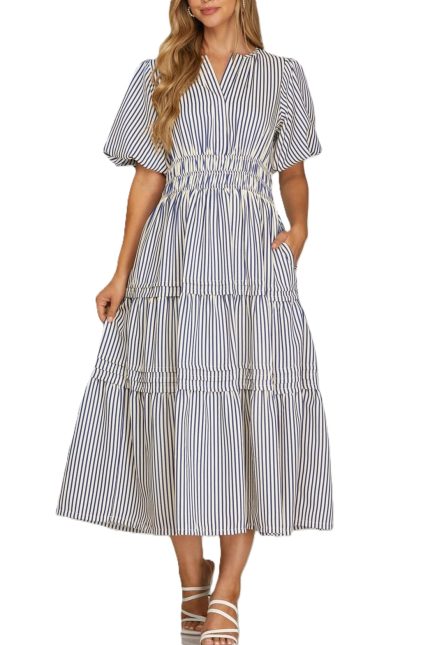 Puff Sleeve Pintuck Tiered Stripe Woven Midi Dress