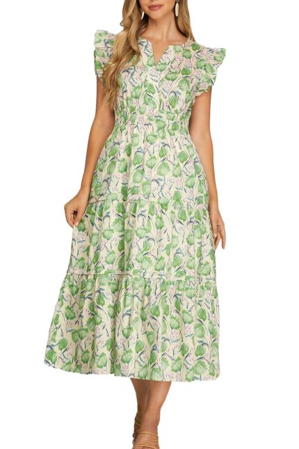 Ruffle Sleeve Floral Woven Print Tiered Dress