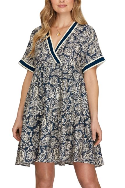 Drop Shoulder Sleeve Woven Printed Mini Dress