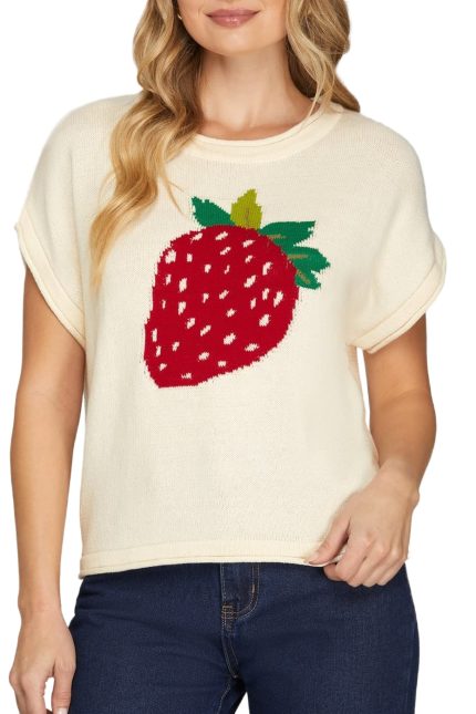 Strawberry Print Knit Sweater Top
