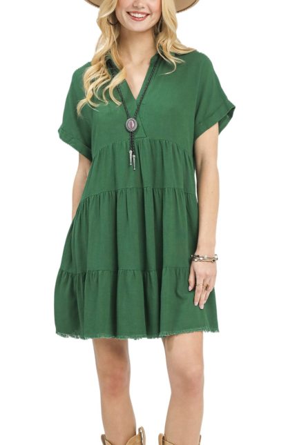 Linen Blend Folded Sleeve Collared Tiered Dress