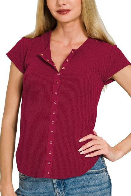 Double Knit Snap Button Short Sleeve Blouse