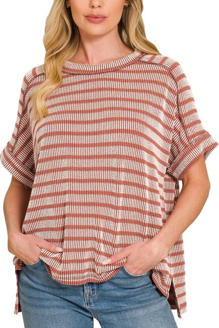 Raised Rib Striped Exposed Seam Top